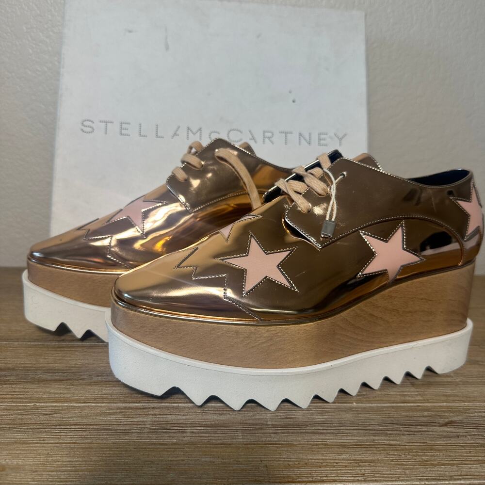 Stella McCartney Metallic Gold Platform Lace-Up Oxfords with Pink Star Appliqués